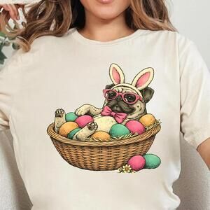 Pug Easter T-Shirt Puggle In A Egg Basket Tee